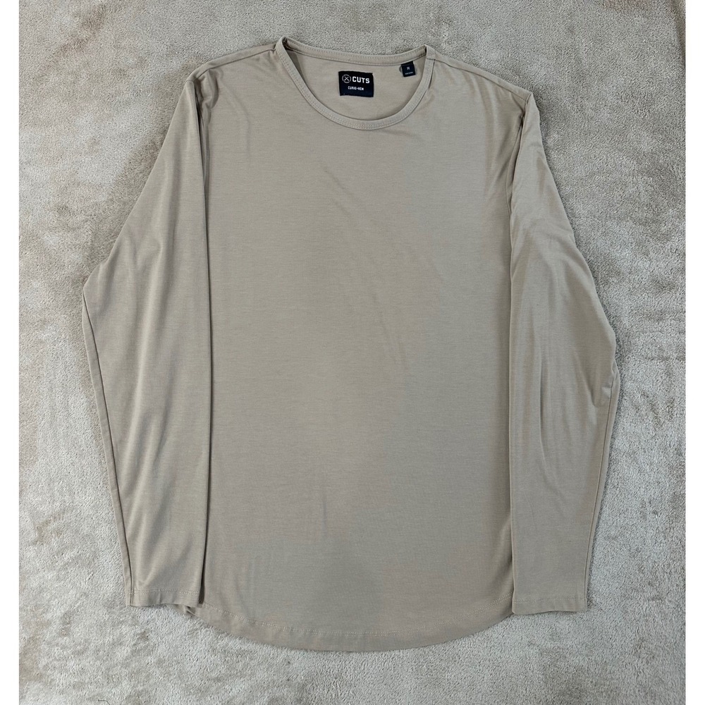Cuts Curve-Hem Shirt Mens Medium Tan Khaki PYCA Pro Crew Neck Long sleeve EUC